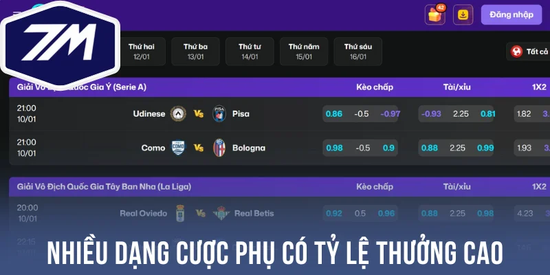 Nhiều dạng cược phụ có tỷ lệ thưởng cao