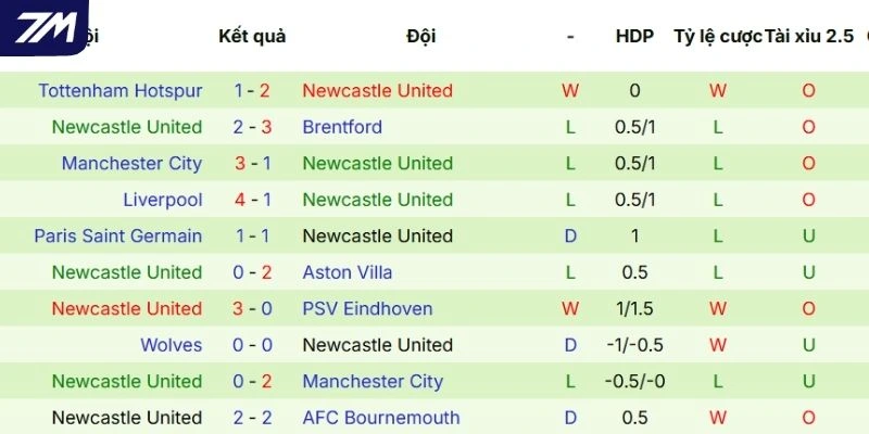 Thành tích những lần ra sân gần đây của Newcastle