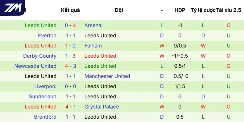 Thành tích thi đấu gần đây của Leeds United