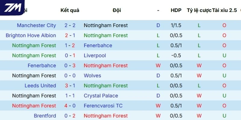 Chuỗi trận vừa qua của Nottingham Forest