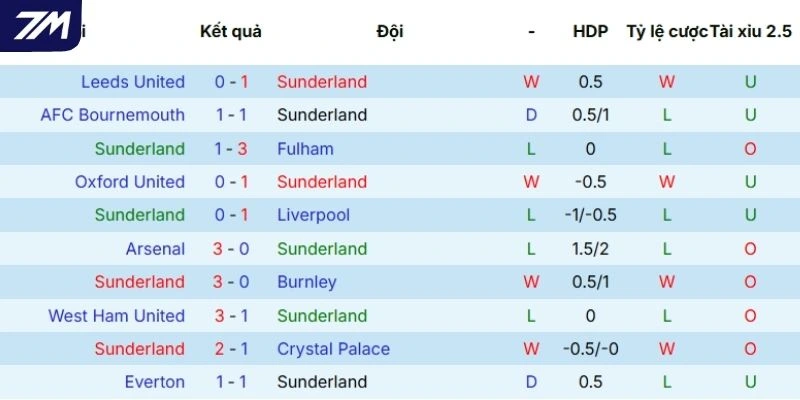 Hiệu suất ra sân của Sunderland