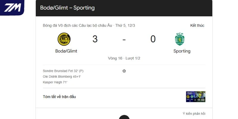 Thành tích đối đầu giữa Sporting CP vs Bodo Glimt